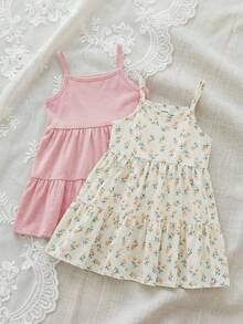 SHEIN 2pcs/Set Baby Girls' Versatile Solid Pink Dress & Yellow Ditsy Floral Dress, Soft & Comfortable, Summer - Multicolor - View 1