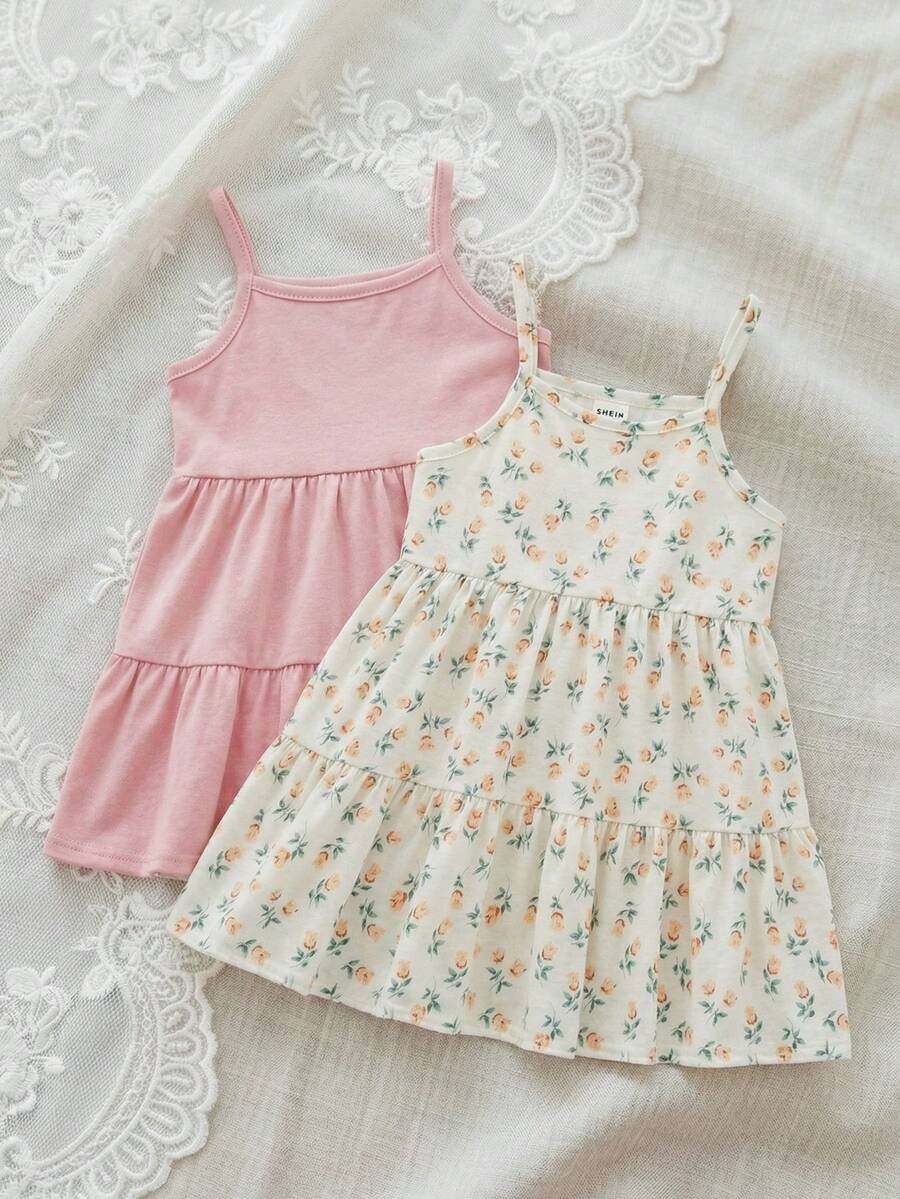 SHEIN 2pcs/Set Baby Girls' Versatile Solid Pink Dress & Yellow Ditsy Floral Dress, Soft & Comfortable, Summer - Multicolor - View 1