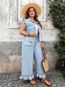 EMERY ROSE Plus Size Women Casual Ruffled Hem Denim Jeans - Light Wash - View 4