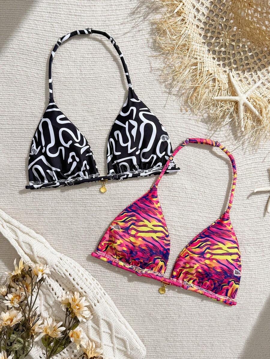 SHEIN Teen Girls Striped Knit Bikini Sets,Black & White Triangle Cup Halter With Metal Decor,Elegant Two Pieces Bathing Suits For Summer,Vacation,Holiday - Multicolor - View 1