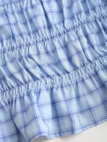 Sweetra Áo kiểu nữ mùa Xuân/Hè mới, thiết kế thanh lịch, màu xanh kẻ caro, chất liệu retro, tối giản, dáng ôm. - Màu xanh lam - Xem 6
