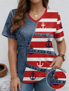 EMERY ROSE 拼接图案条纹圆领短袖休闲加大码T恤，春季 - 彩色 - 查看 1