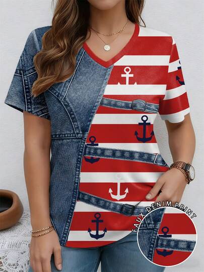 EMERY ROSE Patchwork Pattern Striped Round Neck Short Sleeve Casual Plus Size T-Shirt, Spring