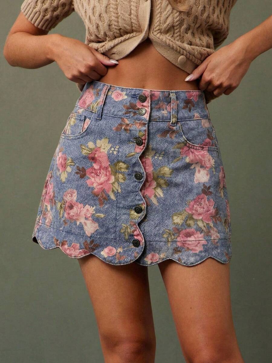 WESTFADE 高腰荷叶边纽扣前开襟100%纯棉牛仔布印花A字迷你牛仔裙，休闲、可爱，适合秋季、冬季穿着，波西米亚风，西部牛仔风，乡村音乐会服装 - 藍色 - 查看 1