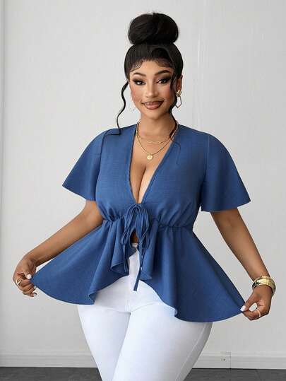 Maweii Plus Size Women's Elegant V-Neck Short Sleeve Ruffle Sleeve Tie Front Blouse, Linen-Like Fabric, Casual & Vacation Wear, Spring/Summer