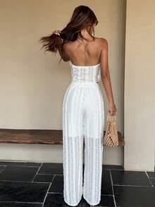 DAZY 女士休闲度假纹理抹胸上衣和直筒裤两件套，春夏款 - 米色 - 查看 2