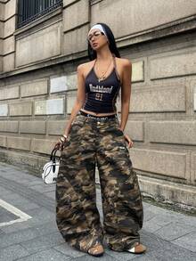 Coolane 女款夏季西式牛仔街頭風休閒復古演唱會Y2K森林迷彩寬鬆低腰香蕉褲 - 咖啡棕 - 查看 4
