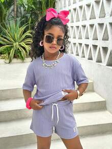 SHEIN Bộ đồ 2 mảnh cho bé gái tuổi teen: Áo cổ tròn kẻ sọc, vai rớt và quần short thắt eo, kiểu dáng thường ngày. - Màu tím - Xem 5