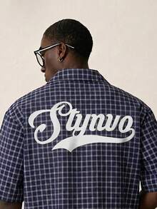 STYNVO 男士字母格纹印花短袖单排扣休闲衬衫 - 寶藍色 - 查看 4