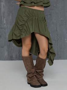 COUREZ 低腰不对称褶皱中长裙 / Y2K 夏季女装 夏季穿搭 绿色裙子 中长裙 外出穿搭 音乐节穿搭 演唱会穿搭 春季女装 - 軍綠色 - 查看 7