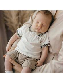 Loomiva Newborn Baby Boy/Girl Lapel Short Sleeve Half-Placket Top And Elastic Waist Shorts 2 Pieces Set - Apricot - View 1