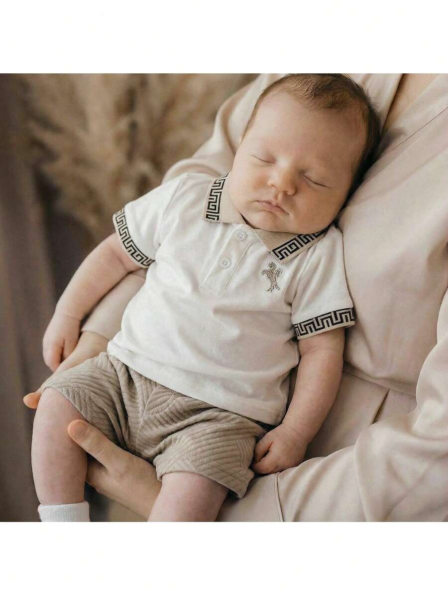 Loomiva Newborn Baby Boy/Girl Lapel Short Sleeve Half-Placket Top And Elastic Waist Shorts 2 Pieces Set - Apricot - View 1