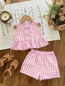 SHEIN LMoss Kids 女婴蝴蝶结装饰格子背心和短裤可爱套装 - 粉色 - 查看 5