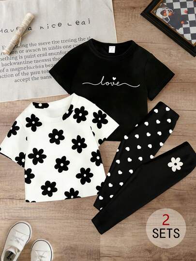 4件套女童休闲时尚创意可爱简约爱心、花卉、字母印花短袖T恤和打底裤套装，舒适日常穿着，适合春、夏、秋季。