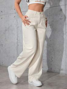 SHEIN PETITE Jeans rectos y sueltos de color liso clásico informal - Albaricoque - Ver 5