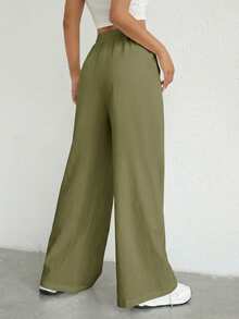SHEIN Tall CURVE Plus Size Drawstring Waist Wide Leg Pants Fall - Army Green - View 2