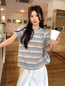 DAZY Áo thun nữ tay ngắn cổ tròn kẻ sọc, thích hợp cho mùa xuân/hè. - Màu xanh lam - Xem 8