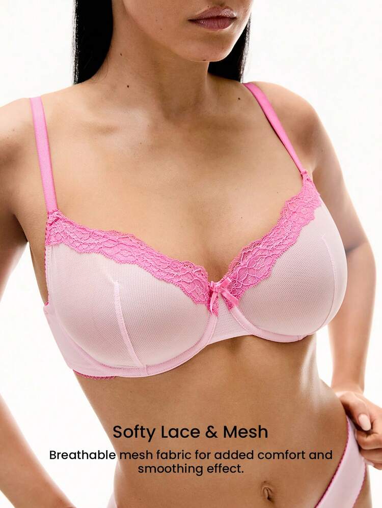 Traum Kurve Luft ungepolsterter atmungsaktiver Minimizer rosa transparenter Mesh & Spitzenbesatz Damen BH