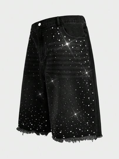 EASEVO Plus Size Men's Black Rhinestone Embellished Casual Shorts