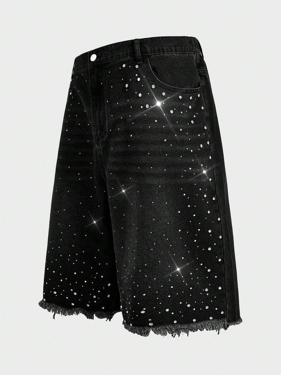 EASEVO Plus Size Men's Black Rhinestone Decor Casual Shorts, Vacation, Father's Day Gifts - Black - View 1