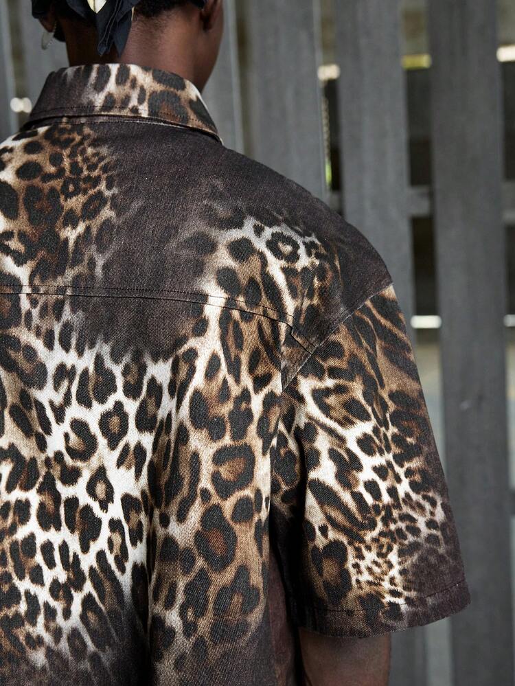 Men's Letter & Leopard Print Single-Breasted Casual Versatile Daily Wear Short Sleeve Shirt