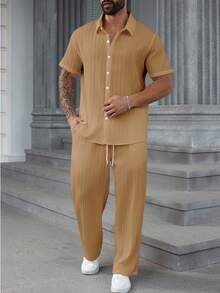 Manfinity Homme 加大码男士纯色单排扣短袖衬衫和带口袋休闲裤两件套 - 卡其色 - 查看 4