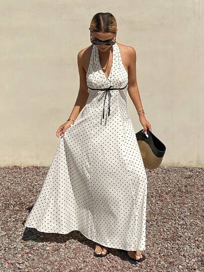 Livesso Spring & Summer White Spaghetti Strap Backless Slip Dress, Polka Dot Print Color Block, Suitable For Valentine's Day, Party, Wedding, Music Festival, Casual, Beach, Elegant, Waist Cinched V-Neck Midi Dress For Women