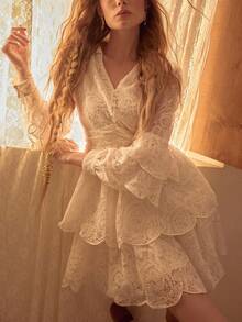 MOTF STUDIO VESTIDO MINI PARA MUJER CON VOLANTES DE ENCAJE Y BORDADO MULTICAPA - Albaricoque - Ver 5