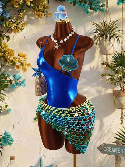 Amplova Women's Starfish Bra Splice One-Piece Swimsuit, Sexy & Avant-Garde, Suitable For Beach Vacation, Blue Solid Color Monokini