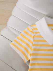 SHEIN Casuvi Kids 2 pièces/Set Toddler Filles Rayé Manches Courtes Polo Col T-Shirt + Large Jambe Tricot Pantalon Set, Style Américain Décontracté Rétro, Convient pour le Printemps/Été Tenue Quotidienne - Jaune citron - Voir 8