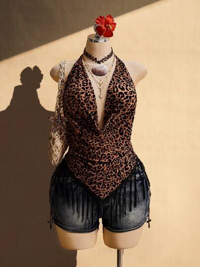 SHEIN ICON Plus Size Women Leopard Print Halter Neck Tassel Hem Casual Vacation Blouse, Sexy Beach Holiday Outfit, Suitable For Dating, Beach Vacation, Wedding, Music Festival, Boho Style, Versatile For All Seasons