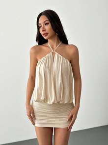 SHEIN PETITE Đầm mini lưới màu hồng hở lưng gợi cảm lãng mạn cho bữa tiệc Valentine. - Màu be - Xem 8