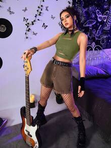 ROMWE Grunge Punk 女士纯色圆领镂空休闲百搭日常上衣 - 軍綠色 - 查看 4
