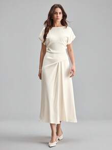 Ontre 女士褶裥腰部喇叭白色连衣裙，现代优雅婚礼宾客装扮，简约浪漫法式奢华都市时尚商务休闲办公装，低调复古高端通勤机场邮轮中东必备百搭高品质季节性婚礼系列 - 米色 - 查看 7