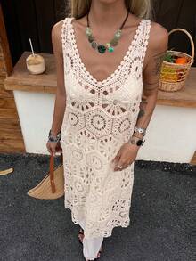 DAZY Đầm tank top khoét eo dáng casual dành cho nữ, thích hợp cho kỳ nghỉ biển, mùa xuân và mùa hè. - Màu be - Xem 1