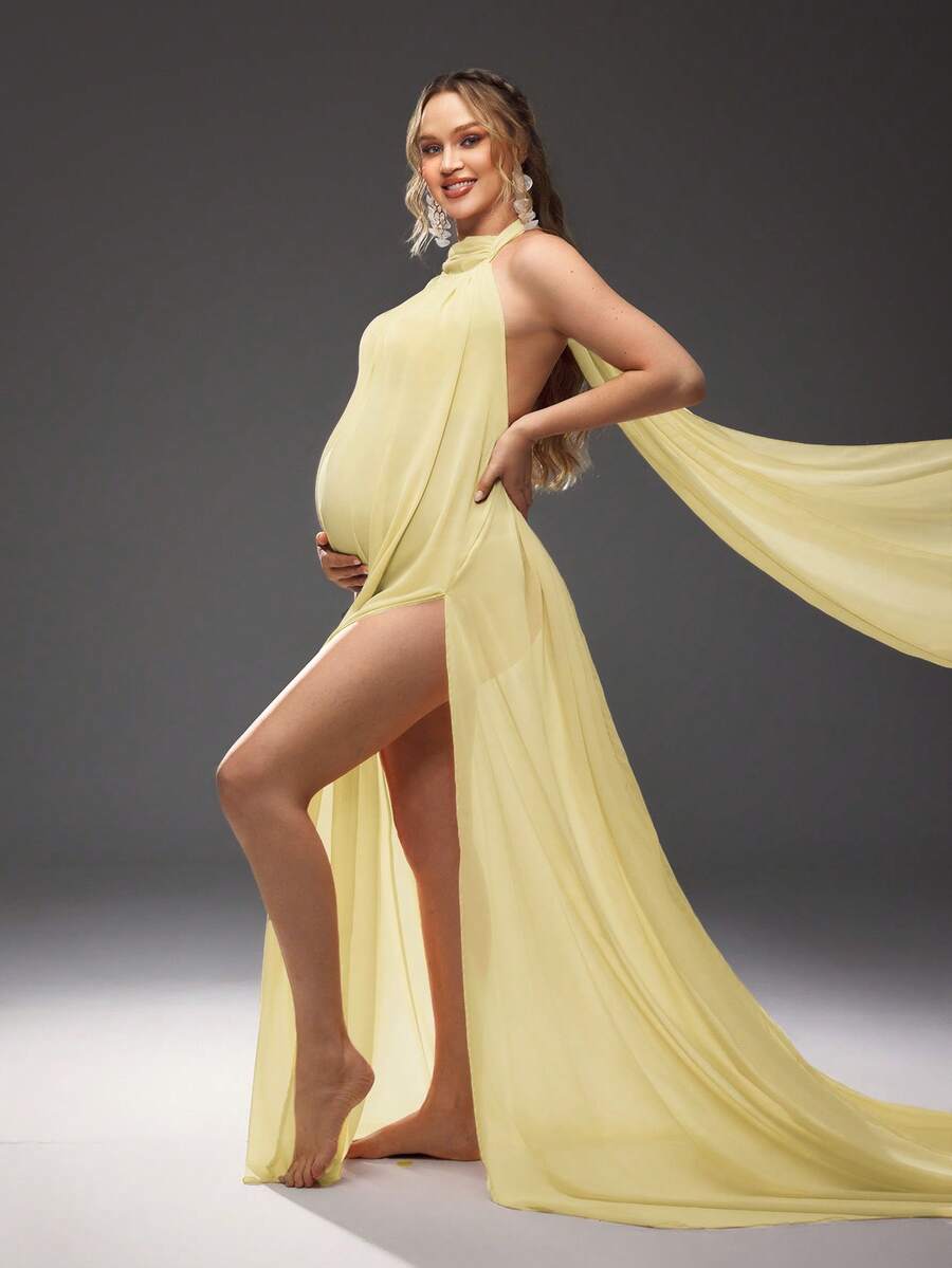 Cheriluna Maternity 孕妇纯色侧开衩露背吊带写真连衣裙 - 芥末黃 - 查看 1