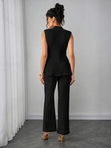 Momance 2pcs Maternity Set: Sleeveless V-Neck Top With Waist Ruching And Asymmetric Hem, Elastic Waist Straight Leg Pants, Knit Jacquard Fabric - Black - View 2