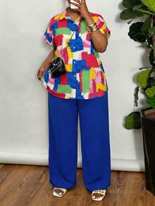 SHEIN CURVE+ Curve 尺码 US22 音乐节、海滨度假、波西米亚风两件套，AB 色印花衬衫和纯色裤子，度假 - 彩色 - 查看 8