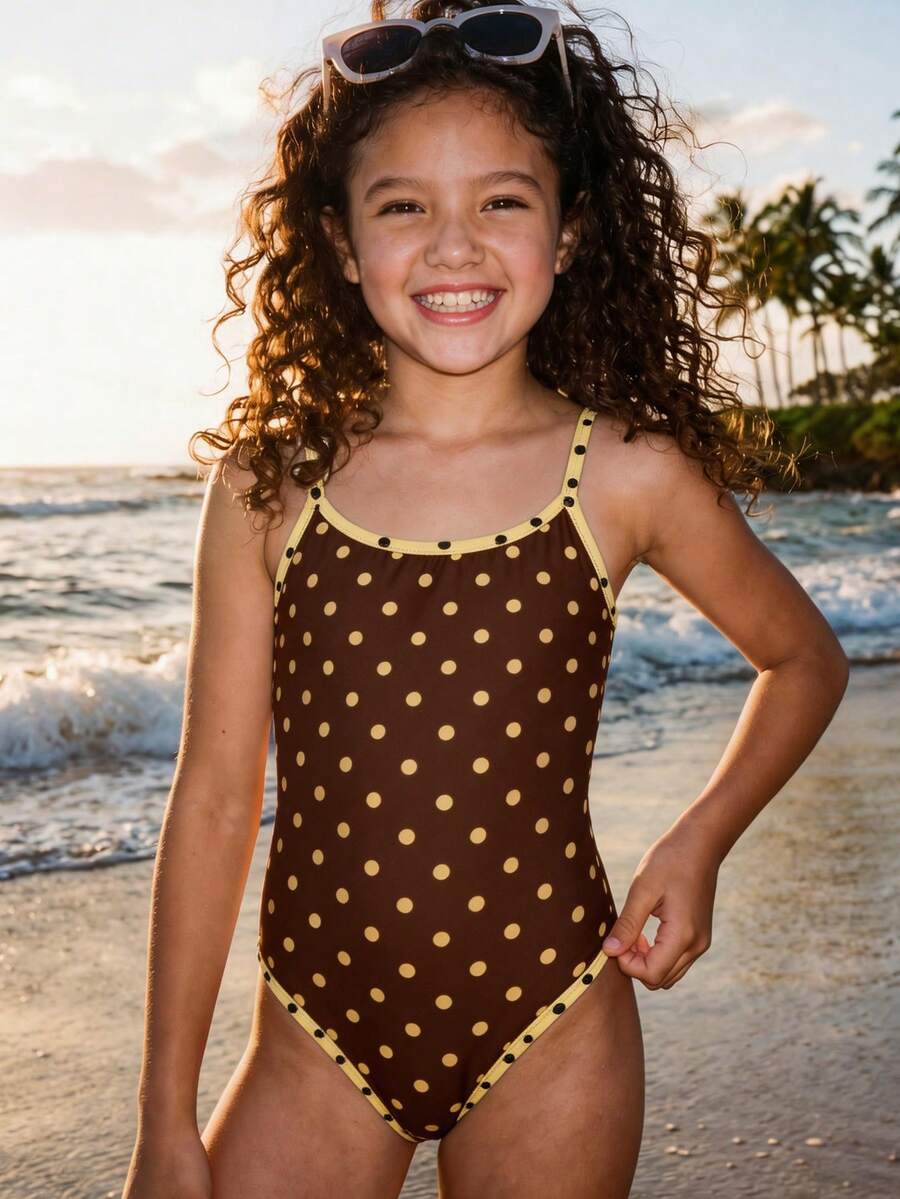 少女休闲简约波点连体泳衣,适合夏季穿着,波点图案,海滩度假拍照搭配,夏季假期,美观泳衣,泳池派对,夏令营,田园风,沙滩装 - 彩色 - 查看 1