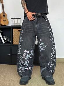 STEELVANCE Celana Jeans Kasual Model Lurus Longgar dengan Motif Kumis Kucing Bergaya Vintage, Streetwear Modis - Hitam - View 5