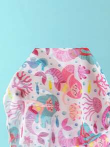 女孩美人鱼印花比基尼套装，3件套 - 柔软亲肤面料，细肩带露脐上衣，荷叶边三角泳裤，网纱罩衫，适合游泳、海滩、泳池、夏季度假 - 彩色 - 查看 7