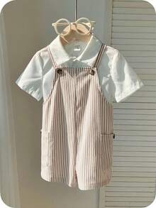 SHEIN Newborn Baby Boy/Girl Cute Striped Pattern Romper, Versatile For Spring/Summer Indoor, Outdoor, Daily, Sports, Play, Party, Photo Shoot, Holiday - Khaki - View 7