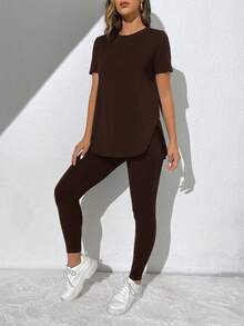 SHEIN Essnce Women's Solid Color Round Neck Short Sleeve Top And Skinny Leggings Casual Daily 2 Pieces Set - Brown - View 4