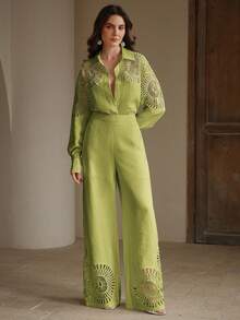 Anewsta Solid Color Hollow Embroidered Shirt Pants Set Vacation Olive Green Autumn Tropical - Green - View 3