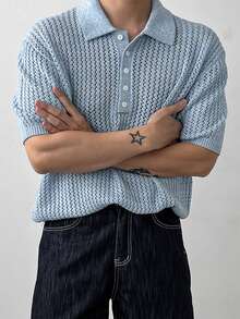 DAZY Áo len nam tay ngắn màu xanh dương, chất liệu lưới xoắn họa tiết mùa hè. - Màu xanh lam - Xem 7