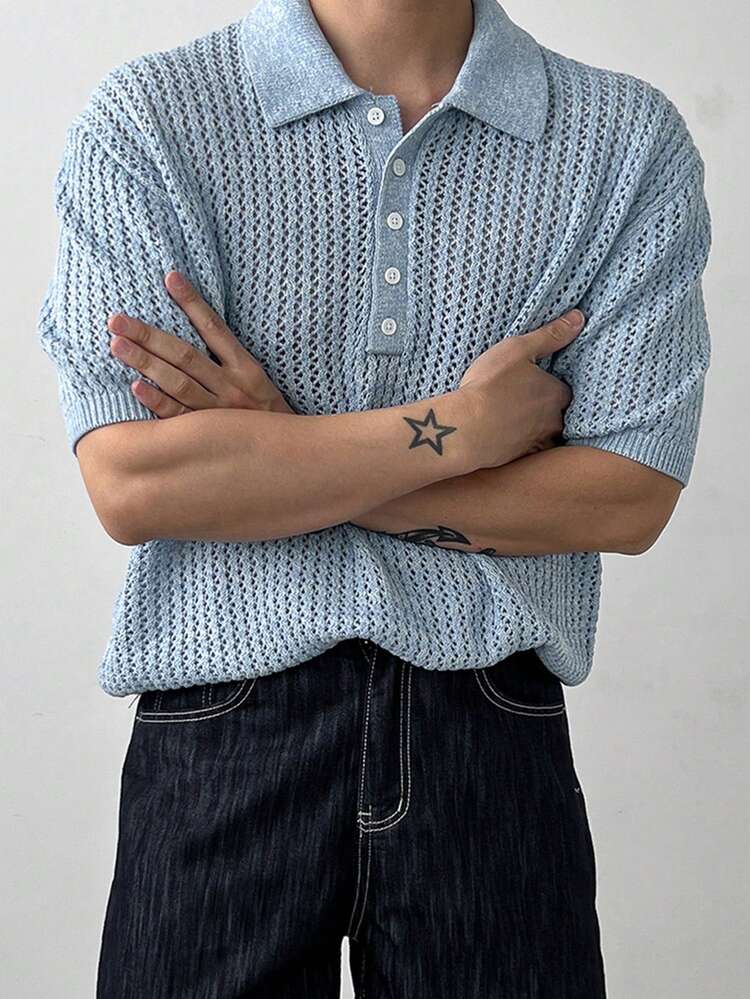 Summer Textured Twist Cable Mesh Blue Short Sleeve Men Knit Top