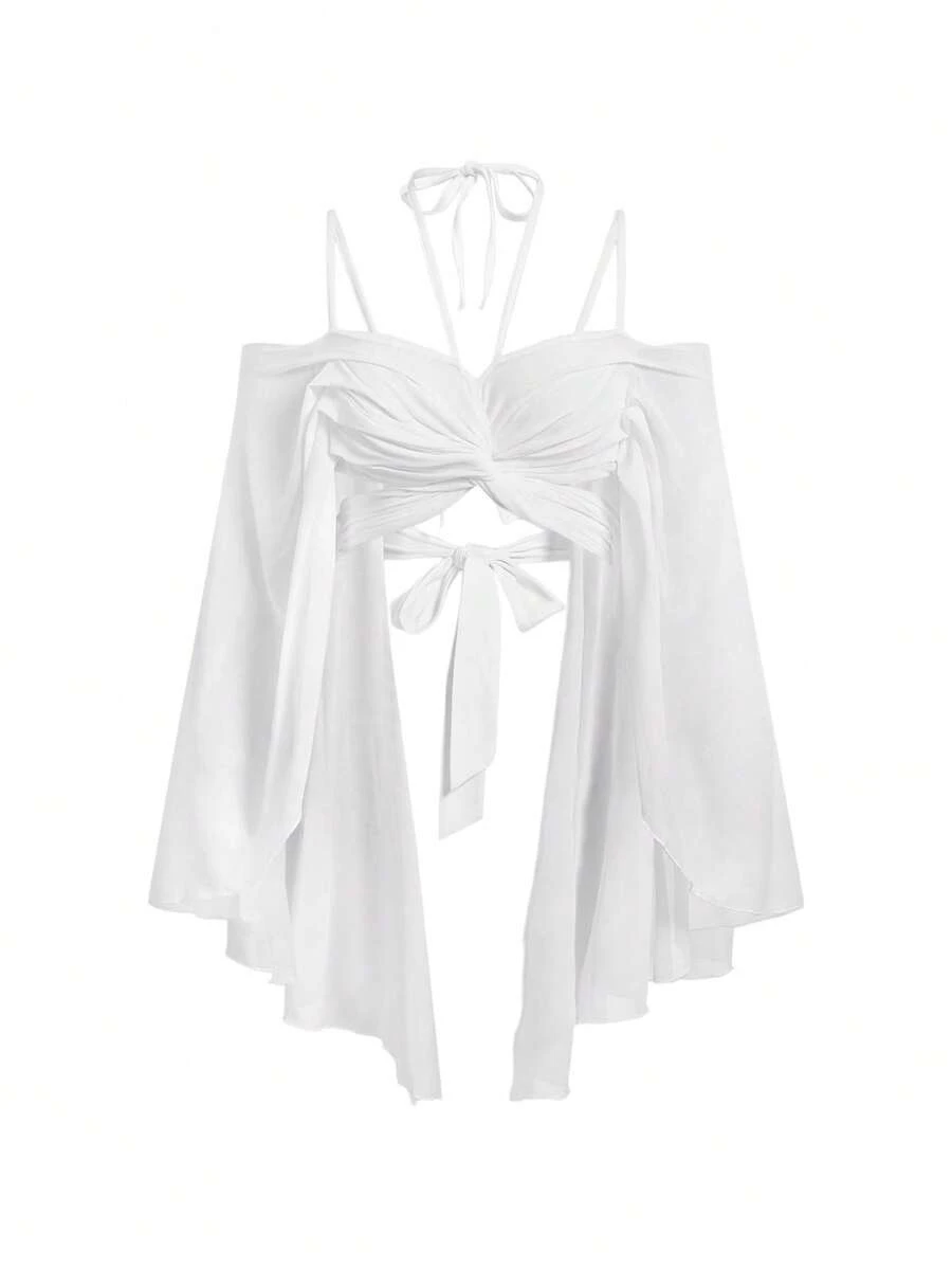 ROMWE Goth Top corto con mangas acampanadas y parches con estampado de mariposas, estilo gótico de vacaciones Y2K - Blanco - Ver 1