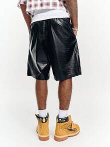 PAVTROS Men's Black Shorts, Crocodile Embossed PU Leather Shorts, Fashion Versatile Bermuda Shorts - Black - View 2