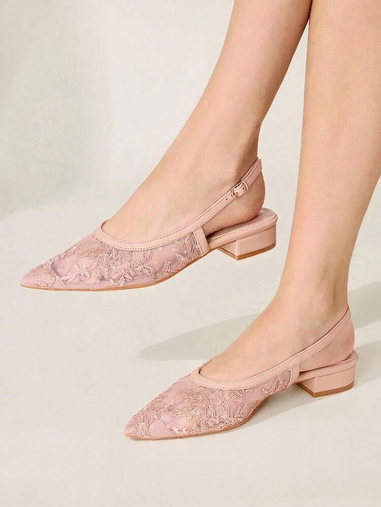 CUCCOO CHICEST Women Shoes Pointed Thick Heel Pink Lace Mesh Belt Sexy Fashion Elegant With Skirt Daily Versatile Banquet Party Women Flat Shoes Slingback Shoes After Lifting Wedding Shoes Summer Shoes Bride Shoes