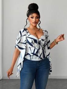 Maweii Plus Size Women's White Striped Print Deep V-Neck Tie Bow Asymmetrical Ruffle Sleeve Summer Cinched Waist Blouse, Elegant Vacation Clothing - Blue and White - View 2